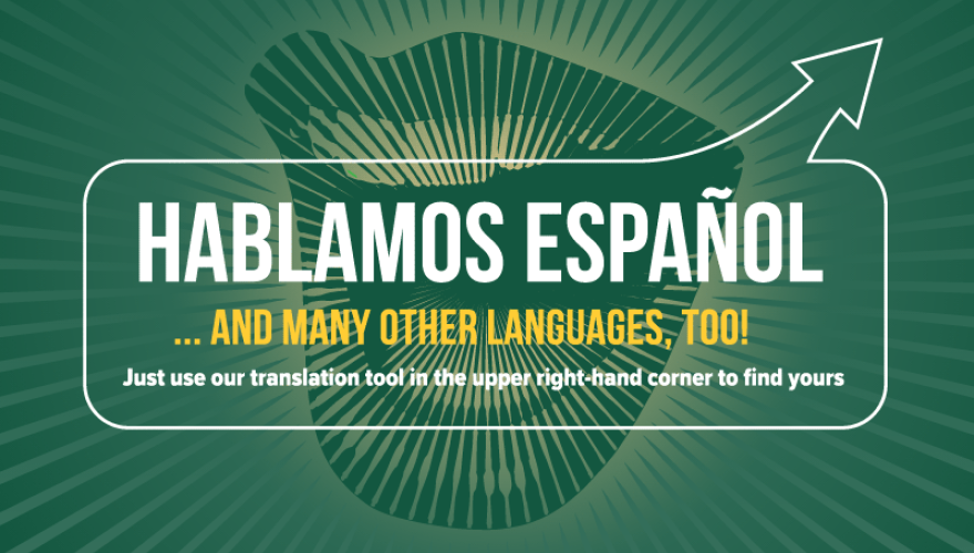 Graphic that says Hablamos Espa帽ol, and many other languages, too! Just use our translation tool in the upper-right hand corner to find yours.